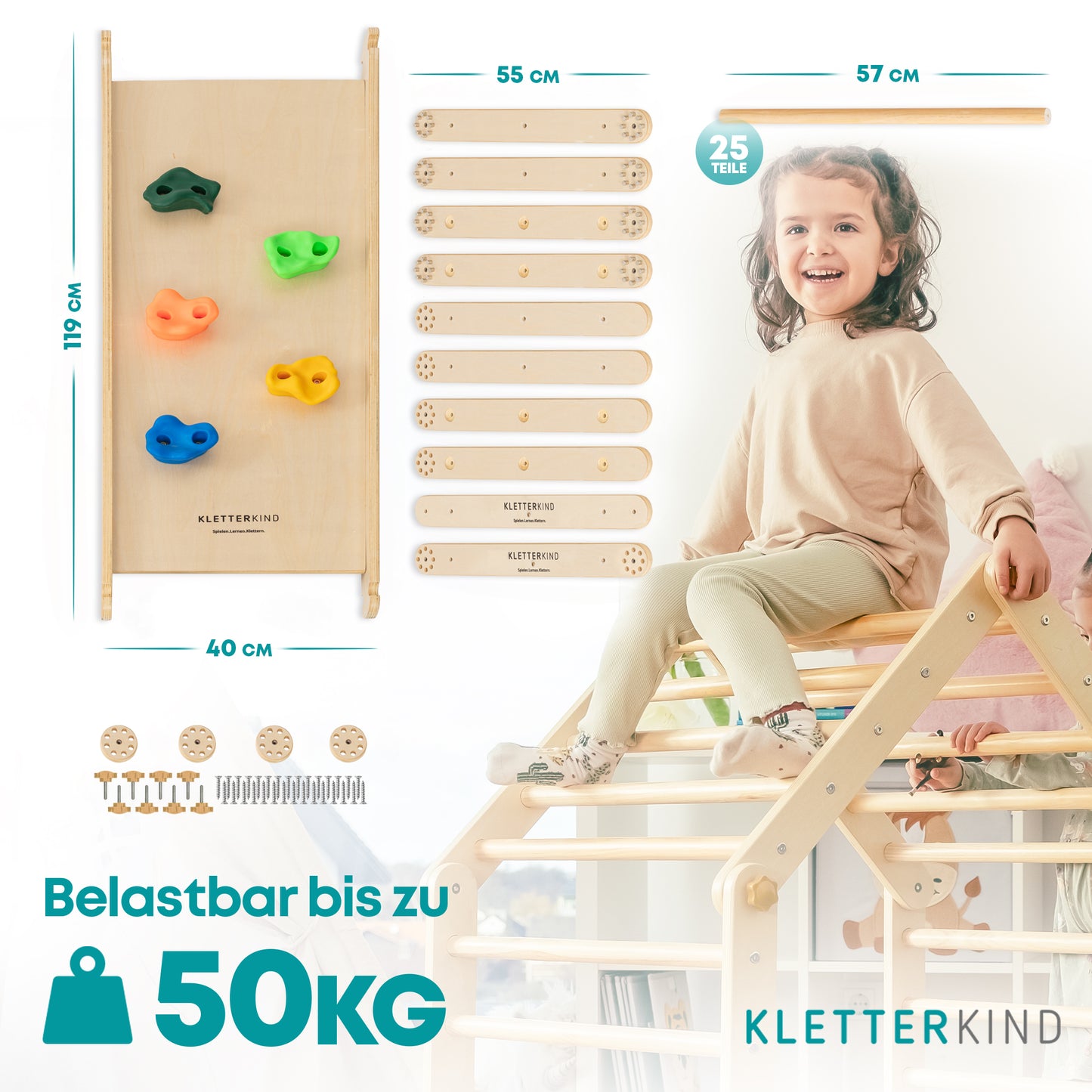 KLETTERKIND Klettergerüst Indoor | Klettergerüst Natur für Kinderzimmer | Klettergerüst mit Rutsche | Klettergerüst für den Garten | Klettergerüst ohne Schaukel